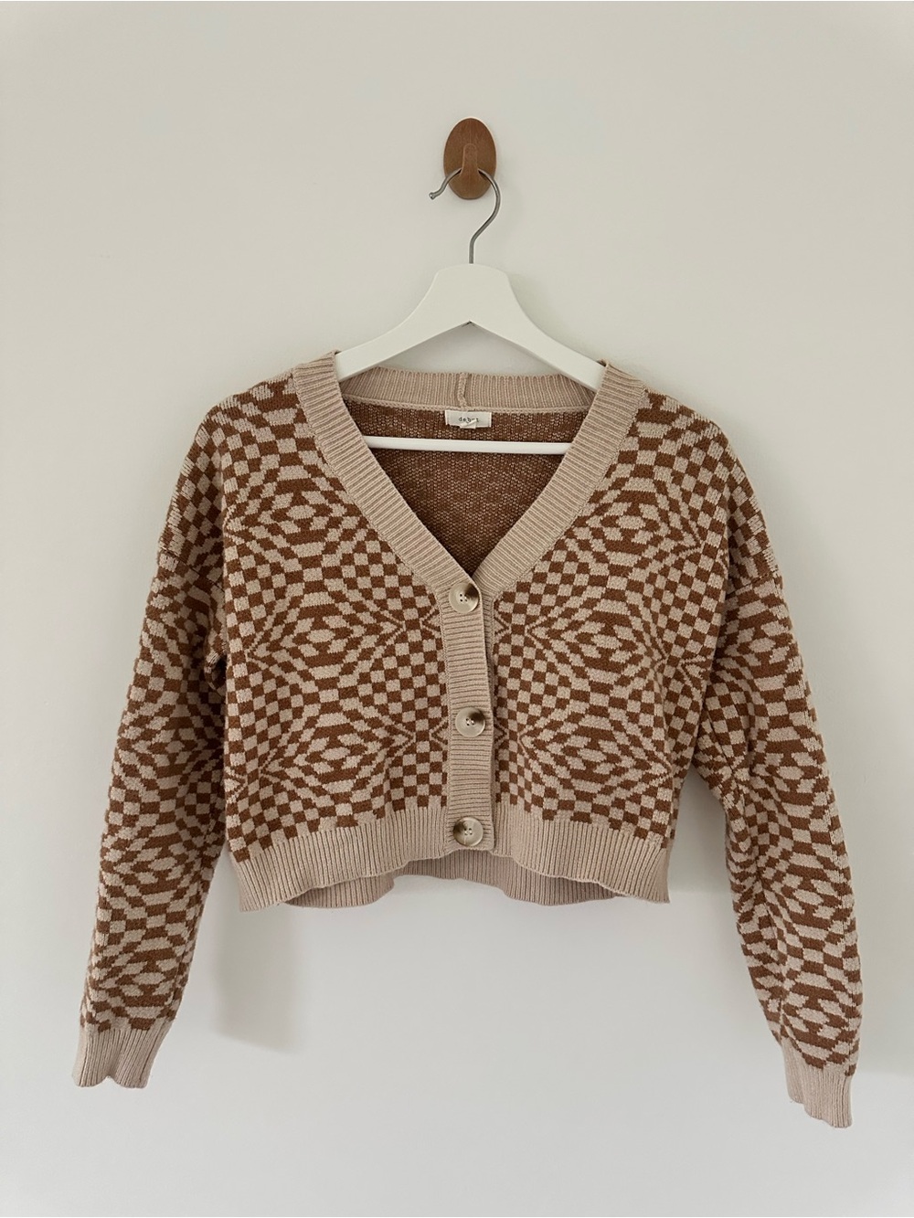 Cropped debut Brown and Cream Cropped Geometric Cardigan